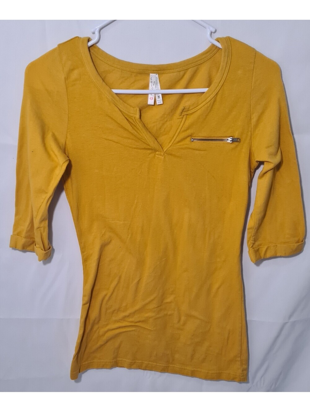 Col Story Women's Mustard Yellow Henley Shirt 3/4 Sleeve Faux Zipper Sz M USED